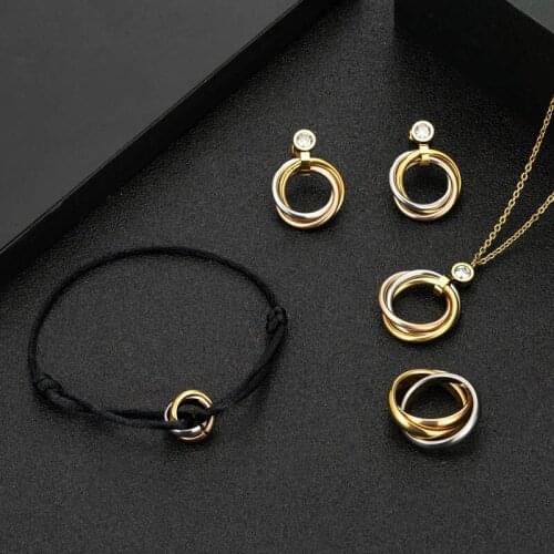 Zlxgirl jewelry Classic Three Circle Necklace Bracelet Earrings Ring Set fashion womens best couple pendant ears finger rings