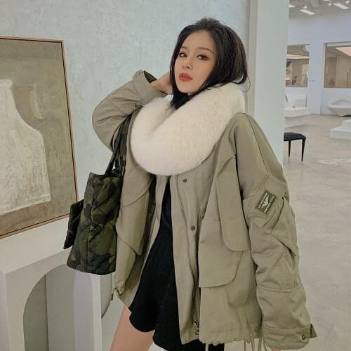 RosEvans 2020 Winter Coat Women Fur Parka Womens Short Style Detachable Rex Rabbit Fur Liner Coat Fox Fur Collar Streetwear