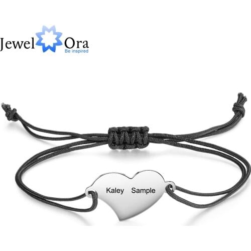 JewelOra Customized Engraved 2 Names Braided Rope Bracelets for Women Stainless Steel Heart Bracelet Personalized Gift Jewelry