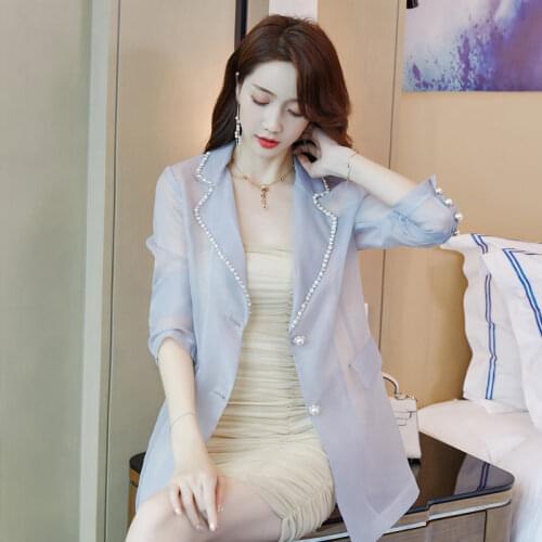 Organza Summer Blazer 2020 Thin Section Beading Suit Collar Womens Blouses Mid-length Ultra Gauze Sunscreen Jacket Slim K258