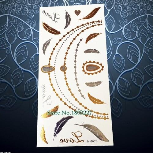 Gold Silver Necklace Feather Flash Metallic Tattoo Body Art Temporary Tattoo Sticker 21x10.2cm Waterproof Tatoo Henna Fake Tatto