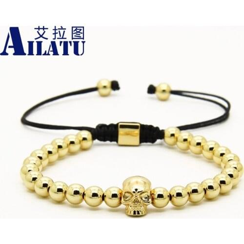 Ailatu Unisex Fashion Skull Mens Jewelry Wholesale 10pcs/lot 6mm Copper Beads with Heart Skeleton Braided Bracelets