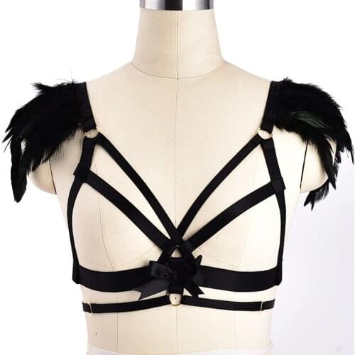 Black Bow Punk Feather Body Harness Bra Goth CLothing Chest Hollow Out Belt Cage Shoulder Epaulettes Elastic Plus Size Dance