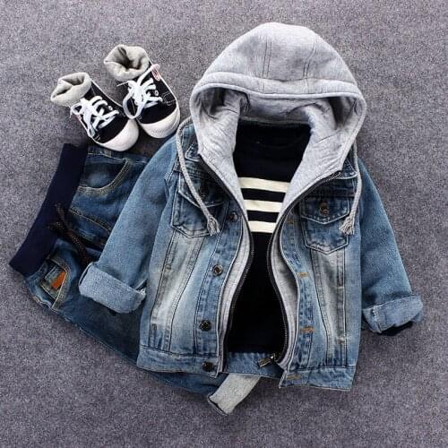 New Denim Hooded Boy Jackets Faux Two Pieces Spring Autumm Kids Coats Fashion Baby Jacket 8JK039