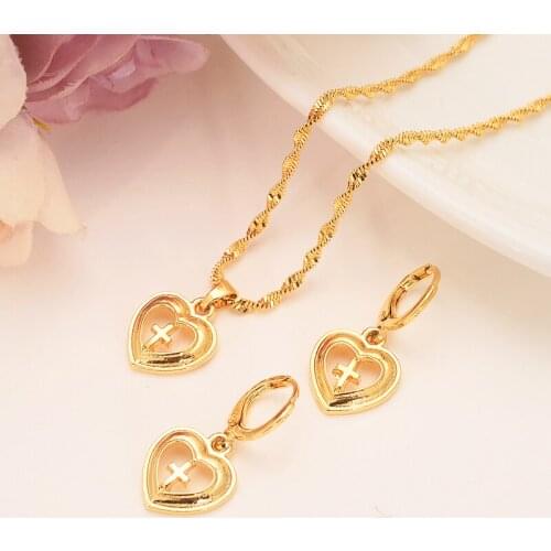Europe women Jewelry set 18 k Fine Solid Gold filled heart cross Pendant Necklaces/Earrings/Ring Bridal Wedding Gift