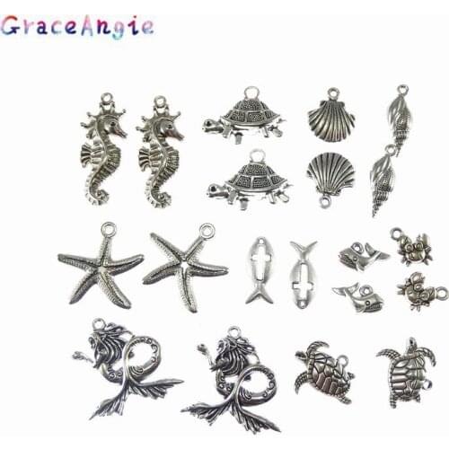 GraceAngie Mix 10PCS Animal Charms Pendant For Earrings Star Fish Shell Sea Horse Tortoise Mermaid Necklace Pendant DIY Finding