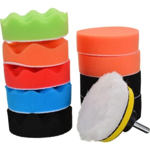12pcs 3'' Car Buffing Polishing Waxing Sponge Pad Wool Brush Cleaning Tool Kits With Drill Adapter Accessories Parts