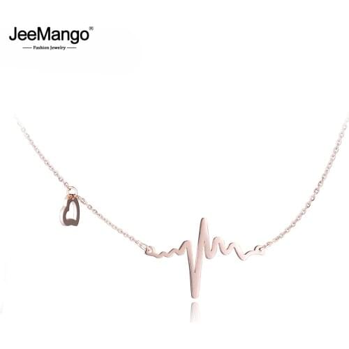 JeeMango Trendy Heartbeat Titanium Stainless Steel Pendant Necklace For Women Rose Gold Chain Choker Necklace Jewelry JN17014