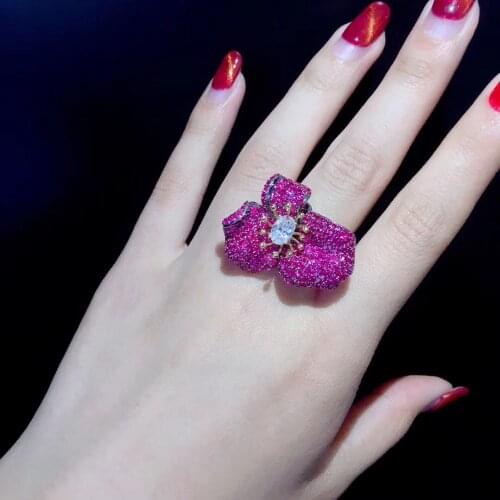 Cocktail ring 925 sterling silver with cubic zircon flower ring adjustable size red rose green color