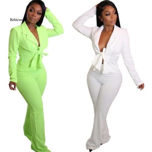 Autumn Women Suits Sexy Lace Up Business Work Office Ladies Costume Femme Flare Pants Two Piece Blazer Set