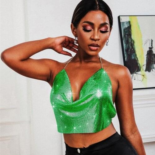Summer Women Top Cropped Top Mesh Metal Wear Glitter Sequin V Neck Backless Halter Top Rhinestone Chain Leopard Rose Gold Snake