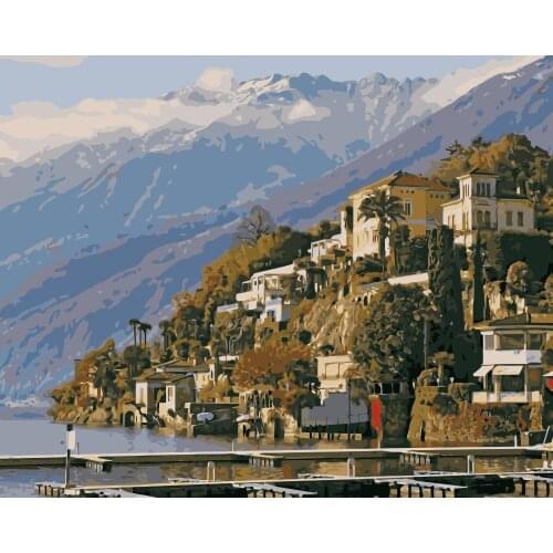 MaHuaf-j202 Switzerland Waterfront Mountain coloring by numbers on canvas for living room wall