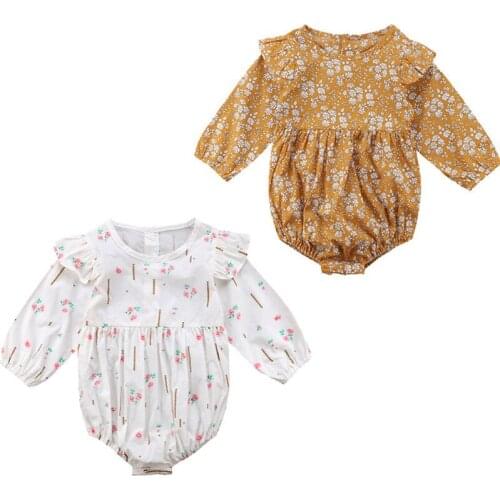 Autumn Pretty Cute Toddler Baby Girls Bodysuits 2 Style Long Sleeve Floral Print Ruffles Jumpsuits Bodysuits Outfit 0-3Y 2 Color