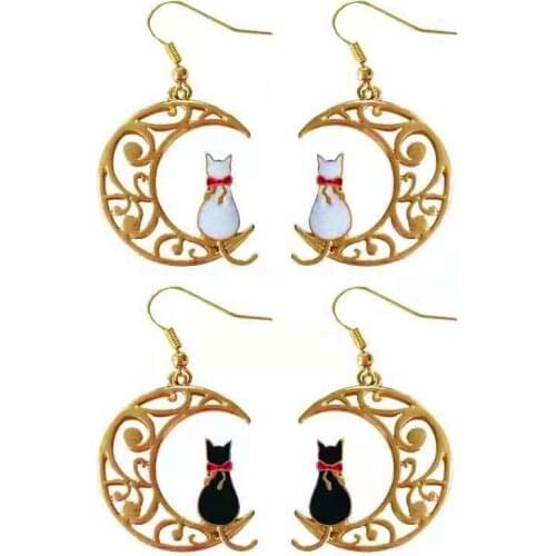 Fashion jewelry metal kitty kitten cat moon cute aesthetic earrings