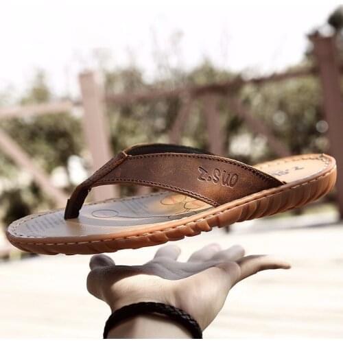 Men Genuine Leather Flip Flops Slippers Beach Outdoor Flip Flop Sandals Flat Light Slipper