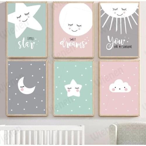 Nordic Poster Wall Art Cartoon Clouds Moon Stars HD Print Canvas Painting For Nursery Baby Room Living Room Bedroom Wall Picture