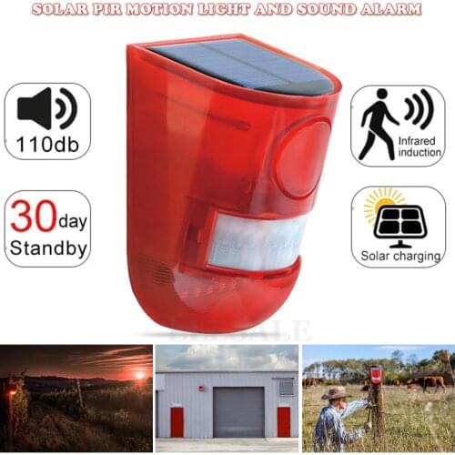 New Solar Infrared Motion Sensor Alarm With 110db Siren Strobe Light For Home Garden Carage Shed Carvan Security Alarm System