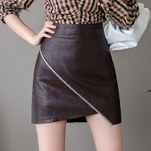 2020 Autumn and Winter Leather Skirt High Waist Hip Anti-Slip Leather Skirt Female Casual Slimming Skirt A-line PU Skirt 10598