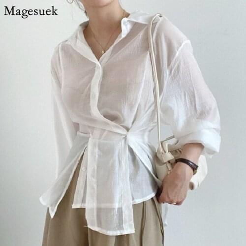 Autumn Long Sleeve Blouse Women Clothing Korean Chic Irregular Sunscreen White Womens Shirts Thin Buckle Lapel Lady Tops 15674