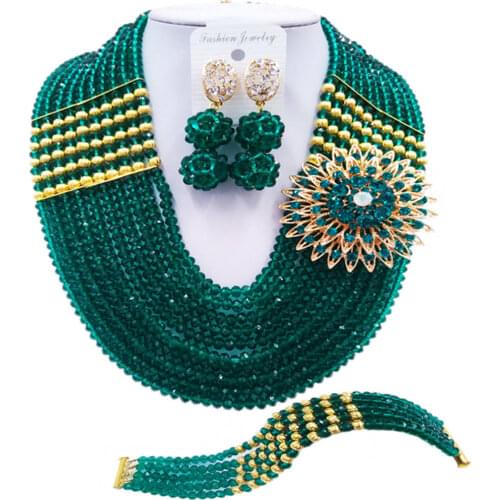 ACZUV Army Green Nigerian Wedding African Beads Jewelry Set Crystal Beaded Necklace 10C-2-2P-002
