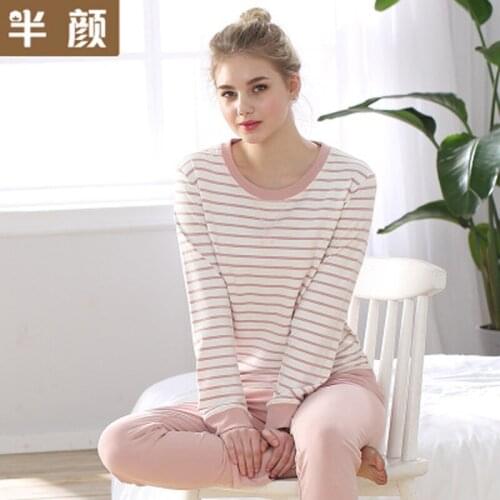 SoftFox 100% Cotton Modal Woman Pajama Set For Autumn Winter Letter Full Sleeve Round Neck Woman Sleepwear Strip Nightwear