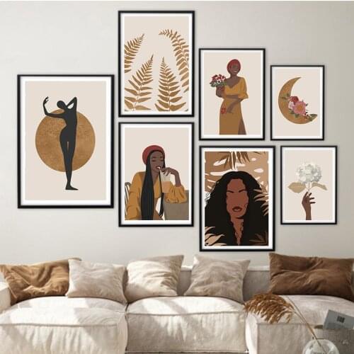 African Woman Line Face Moon Leaf Flower Wall Art Canvas Painting Nordic Posters And Prints Wall Pictures For Living Room Decor