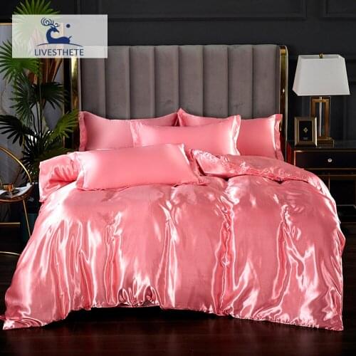 Liv_Esthete Duvet Cover Satin Silky Pink Bedding Set Pillowcase Luxury Double Family Suite Bedclothes Home Decor Bed Linen Set