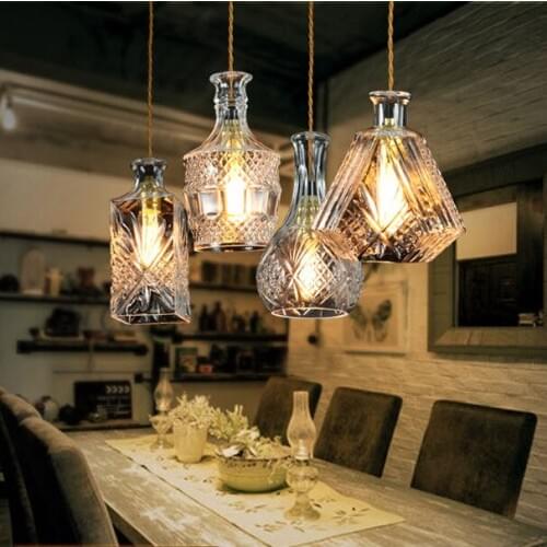 Retro Hanging Glass Bottle Pendant Lamp Craved Clear Glass Suspension Light For Bar Cafe Restaurant Dining Room E27 Pendant