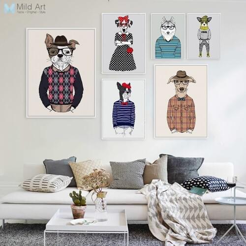 Modern Fashion Animal Dog Pug Portrait Poster A4 Gentleman Hippie Big Wall Art Picture Nordic Home Deco Canvas Painting Custom