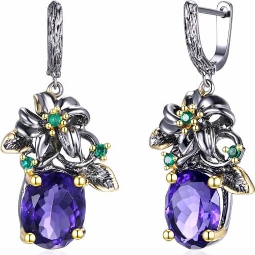 Purple color stone Vintage Earrings Setting with AAA Cubic Zirconia Black and Gold color Drop Party Earrings Free shipping