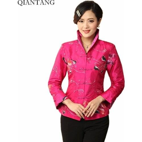 High Quality Hot Pink Womens Satin Jacket Traditional Chinese Style Embroidery Coat Mujer Chaqueta Size S M L XL XXL XXXL Mny11B