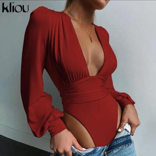Kliou Solid Shaped Waist Sexy Bodycon Bodysuits Women Autumn Deep V-Neck Lantern Sleeve Slim Active Streetwear Female Outfits
