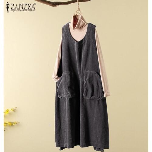 ZANZEA 2021 Womens Corduroy Overalls Dress Summer Casual Sundress Sleeveless Tank Vestidos Vintage Suspenders Robe Oversized 7