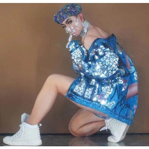 Sexy Bodysuit Blue Printed Shining Lens Coat Women Gogo Dance Costumes DJ DS Show Bar Birthday Stage Costumes Festival Outfits