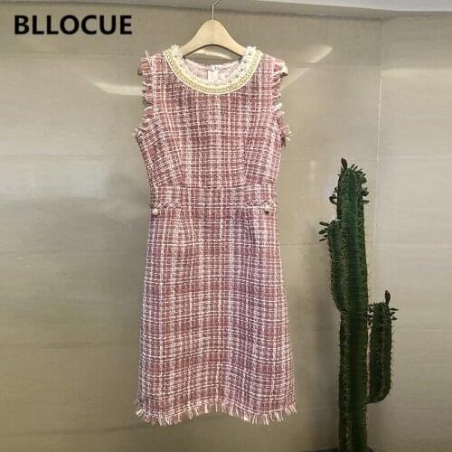 BLLOCUE New 2020 Autumn and winter Designer Wool Tweed Runway Dress Womens Sleeveless Pocket Fringe Tassel Tank Dress