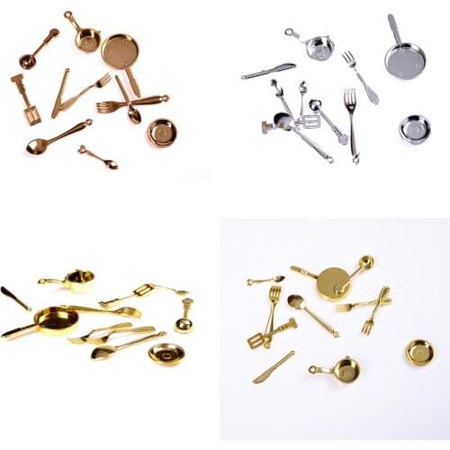 11Pcs/lot New Kitchen dining&bar Fancy ware Doll house Miniature Stainless Steel 1/12 Scale Dollhouse Tableware Classic Toys