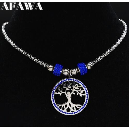 2021 Fashion Tree of Life Crystal Stainless Steel Chain Necklace Women Silver Color Statement Necklace Jewerly collares N82S01