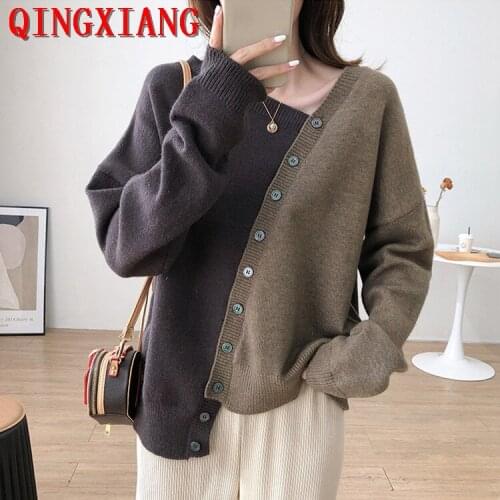 2021 Knitted Irregular Diagonal Button Sweater Women Long Sleeve Contrast Color Spring Autumn Loose Pullover Plus Size Knitwear