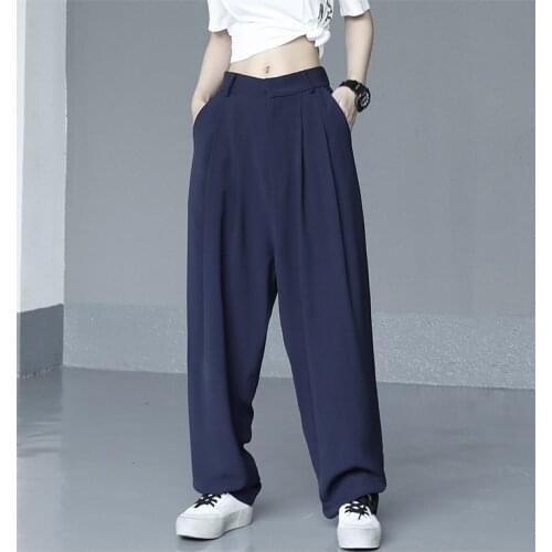 2021 summer new semi elastic loose black floor pants wide leg pants casual pants blue suit pants womens pants