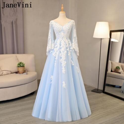 JaneVini Elegant Long Bridesmaid Dresses With Sleeves A Line V Neck Lace Appliques Sequined Tulle Pageant Prom Gowns Plus Size