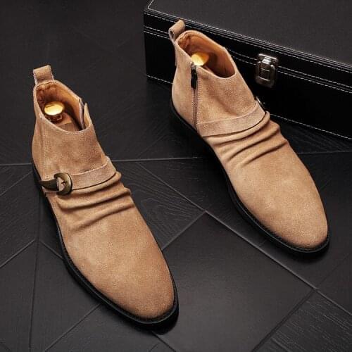 ERRFC Fashion New Mens Ankle Boot Designer Pointed Toe Pleated Man Leisure Leather Shoes High Top Black Short Work Boot Buckle