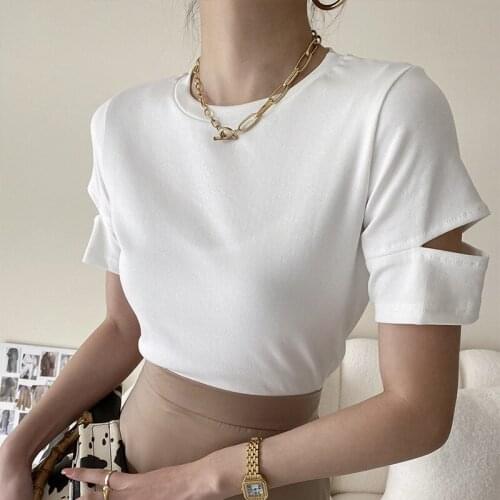 Cold Shoulder Short Sleeve Womens T-shirts Hole O-neck Casual Solid Slim T-shirt For Women 2021 Summer Korean Fashion Lady Tops