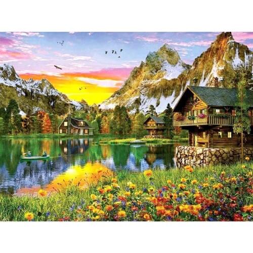 Gatyztory Frame Painting By Numbers Canvas Mountain House Colouring Landscape Handpainted Artwork Wall Home Decor