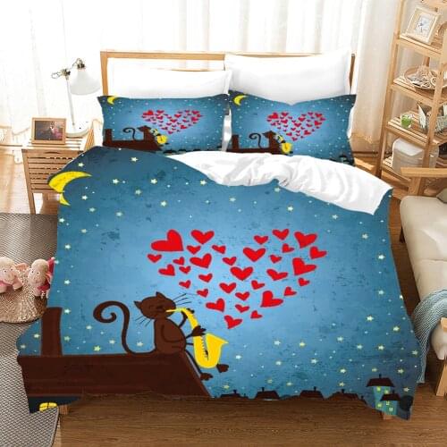 Cartoon Cat Love Pattern Bedding Set Cute Animal Down Bed Cover Pillowcase Queen King Full Size Comforter Bed Linens