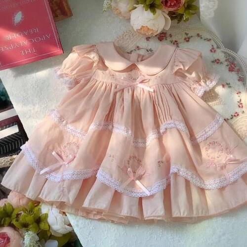 Summer Vintage Classical Princess Short Puff Sleeve Cotton Peter Pan Collar A-line Dress For Baby Girls Birthday Party Easter
