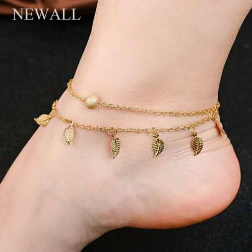 Summer Beach Bohemian Style Gold & Sliver Color Double Layer Chain Anklet Leaves Blue Eye Pendant Charm Foot Jewelry