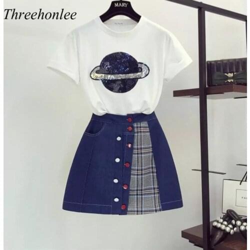 Summer Women Casual Suit 2021 Summer Women 2 Piece Set Short Sleeves Sequin T-shirt + Denim Patchwork Plaid Skirts Female Suits
