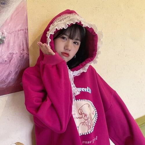 Kawaii womens hoodie Japanese sweet casual preppy style lace stitching cute cartoon print sweatshirt Harajuku Oversize Hoodies