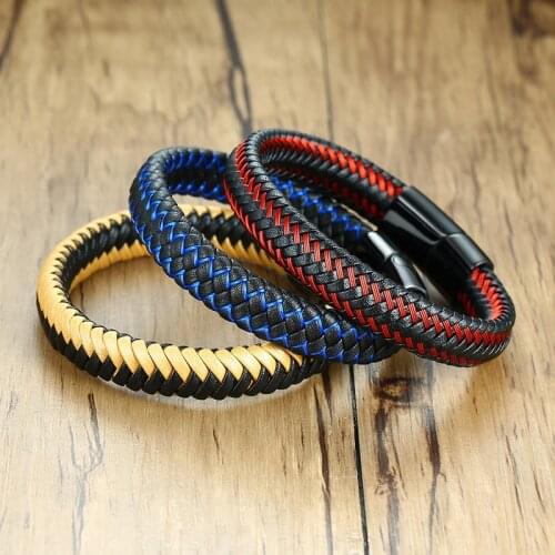 Men Leather Bracelet Yellow Red Blue Black Braided Wristband Clasp Jewelry for Daily Wear Party Gift
