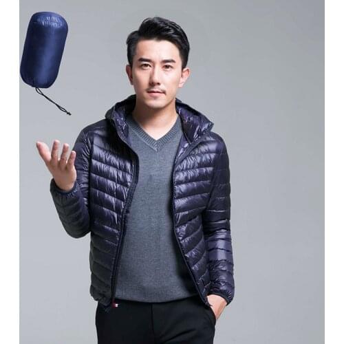 New High-End Warm Fashion For Men Feather Hooded Down Jacket Pure Color Boutique Mens Feather Down Coat Thin Light Jackets